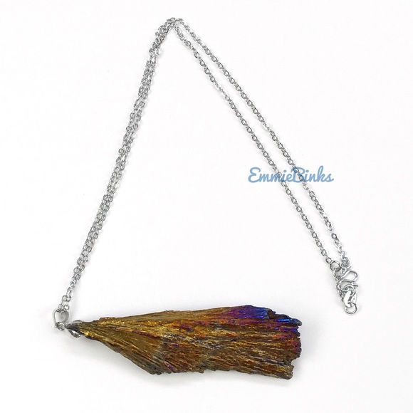 New Amazing Raw Tourmaline Crystal Chunk Platinum Plated Pendant Necklace - Picture 12 of 16